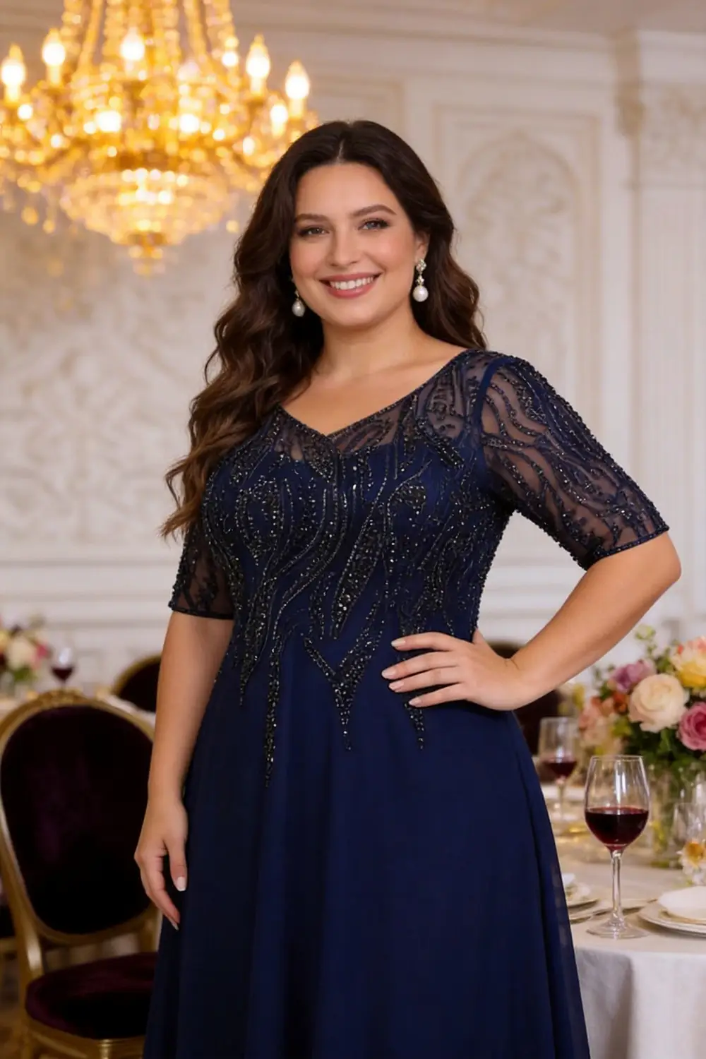 Plus Size Navy Blue Beaded Chiffon Formal Gown For Mother Of The Bride (ZD17143)