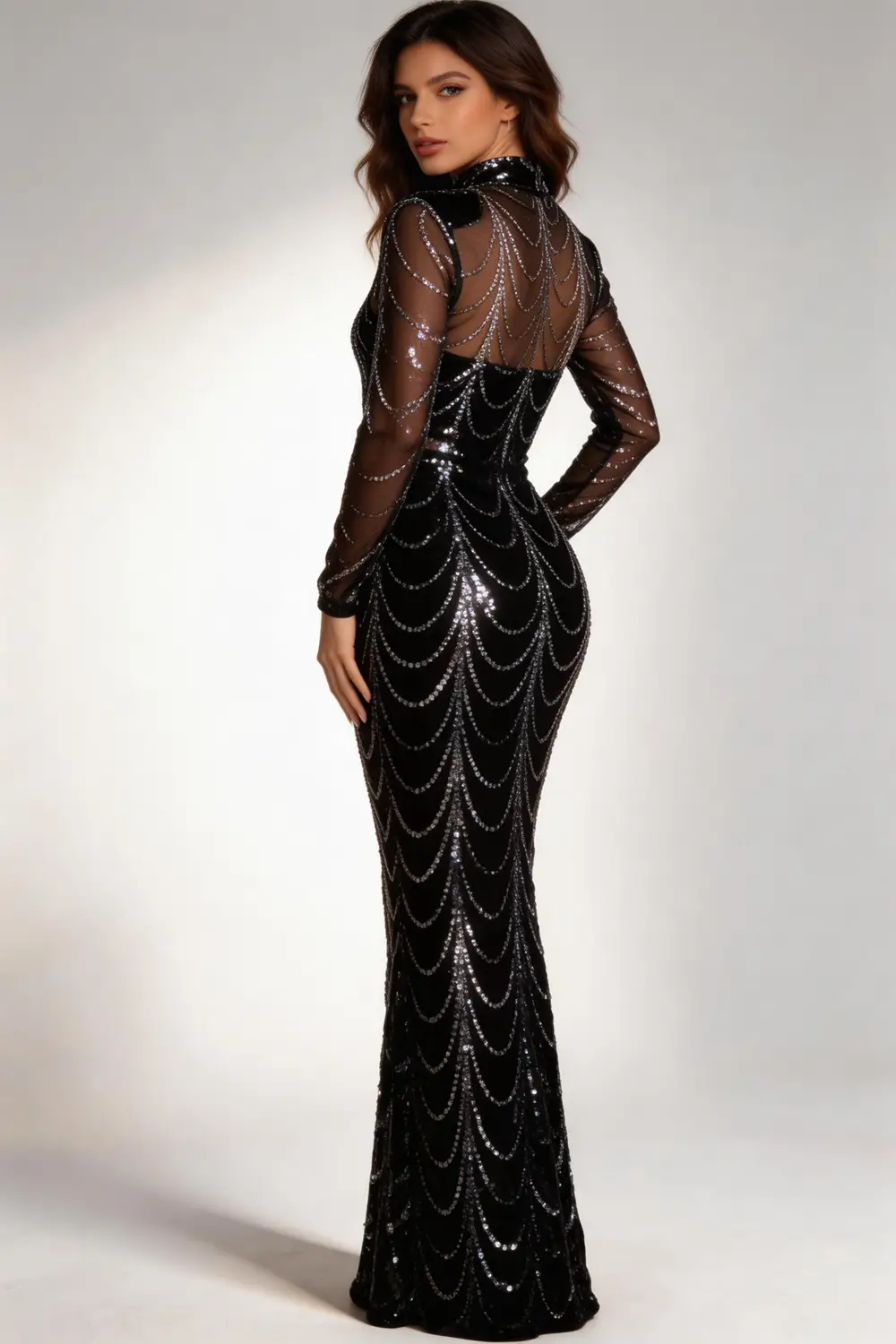 Black Silver Sequin Mesh Mermaid Prom Dress With Long Sleeves (ZD17152)