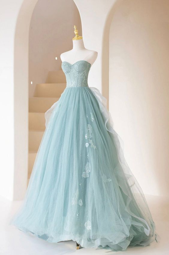 Cute Tulle Strapless Long Prom Dress, A-Line Lace Formal Evening Dress - FashionDia