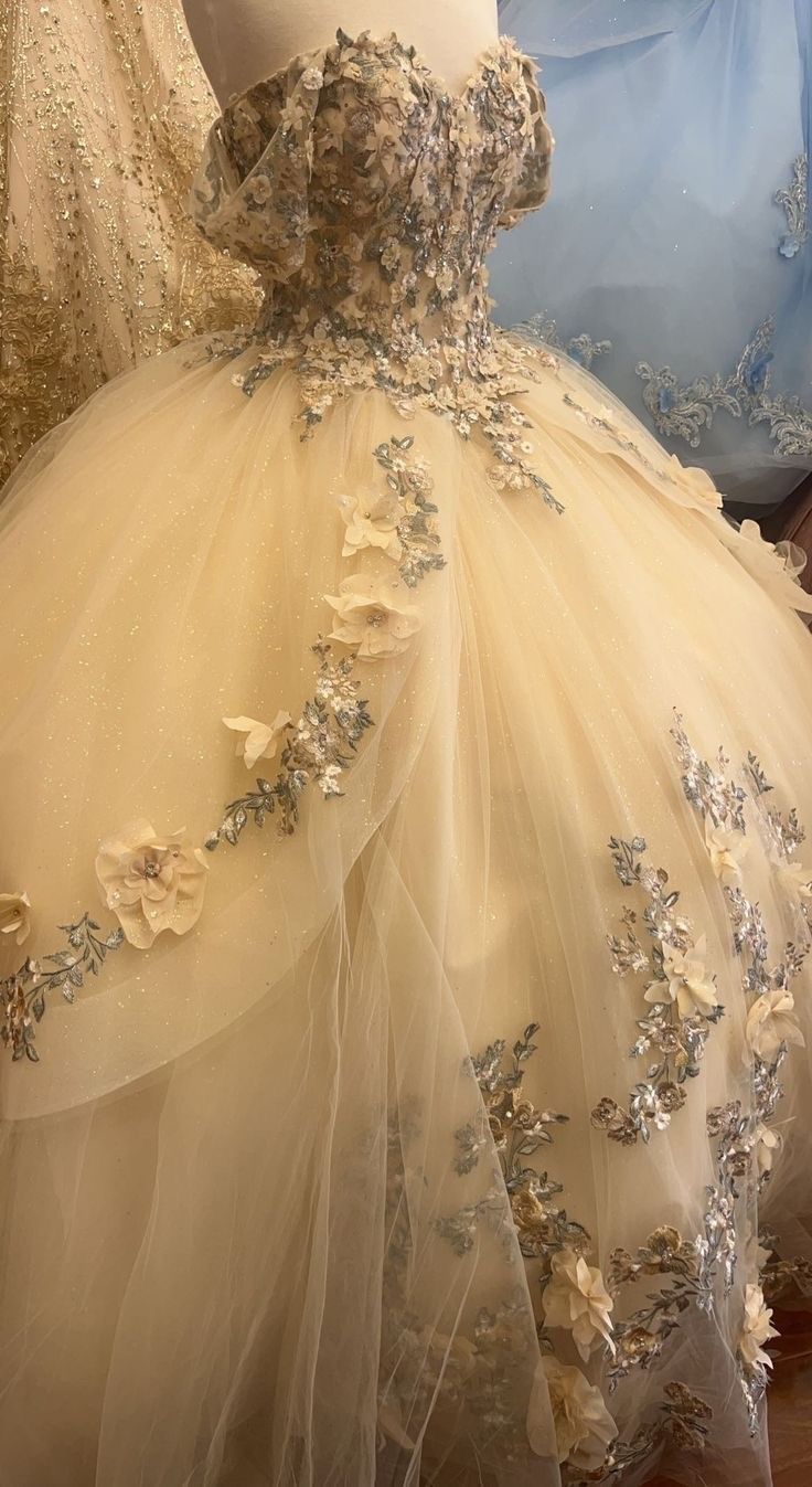 Champagne Quince Dress with Flowers Sweet 16 Dresses Off-the-Shoulder Ball Gown - View 4 | FashionDia