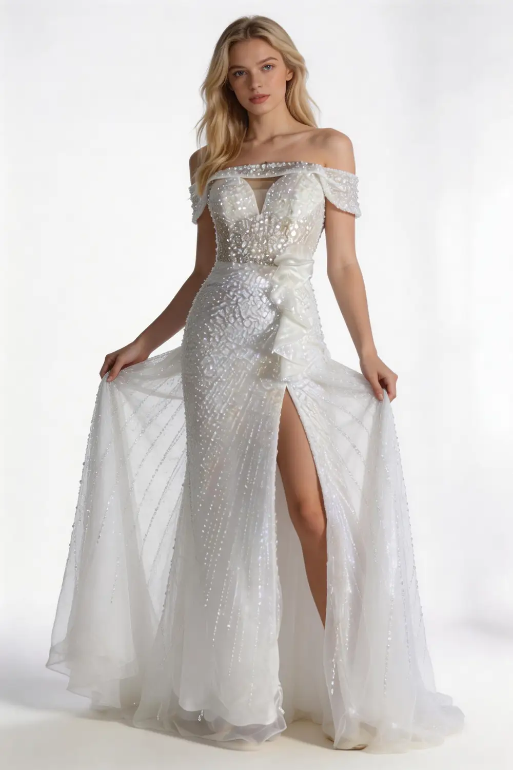 Off Shoulder Sequin Mermaid Evening Gown With High Slit And Ruffle (ZD17167)