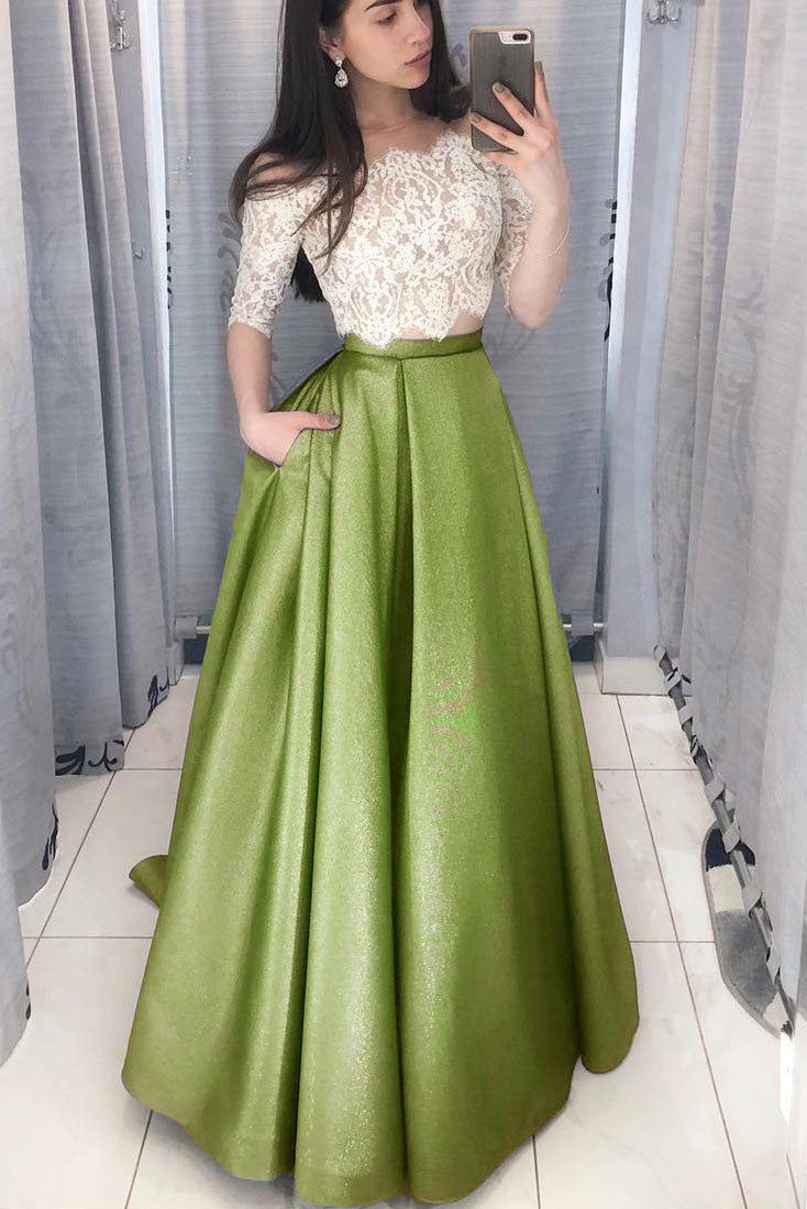 Two Piece Long Prom Dress with White Lace Top - FashionDia