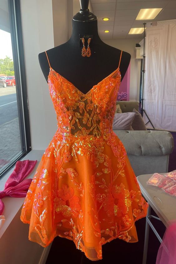 A-Line V-Neck Straps Sequins-Embroidered Homecoming Dress - FashionDia