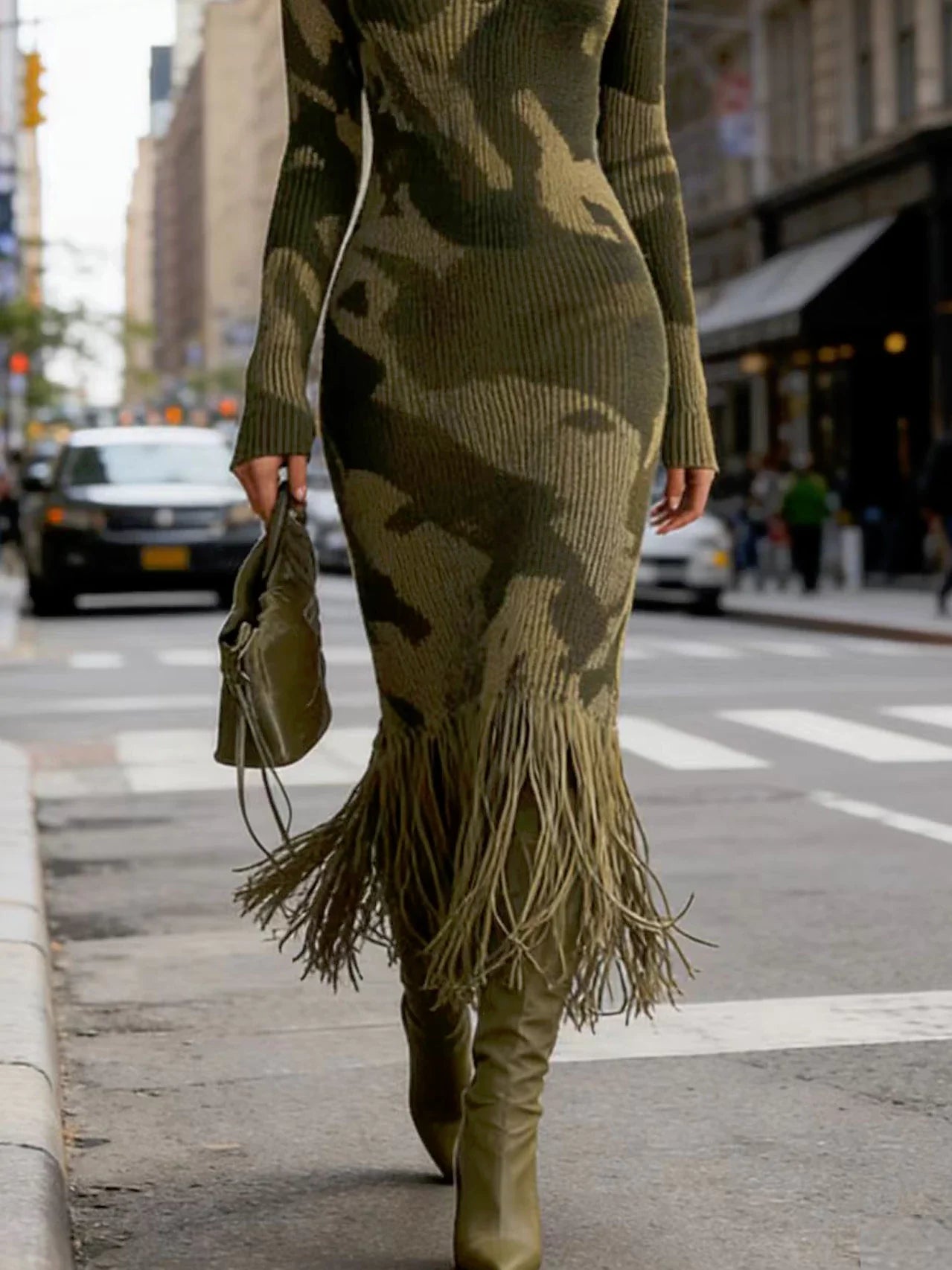 Olive Camo Knit V-Neck Fringe Hem Midi Dress