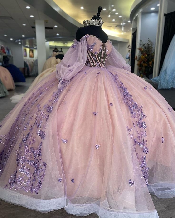 Princess 3D Butterfly Beading Crystal Ball Gown Quinceanera Dresses Illusion Sequined Appliques Lace Corset Vestidos De 15 A�os - VelvetHem