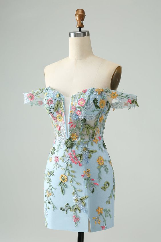 Blue Floral of the Shoulder Corset Short Homecoming Dress with Embroidery - FashionDia