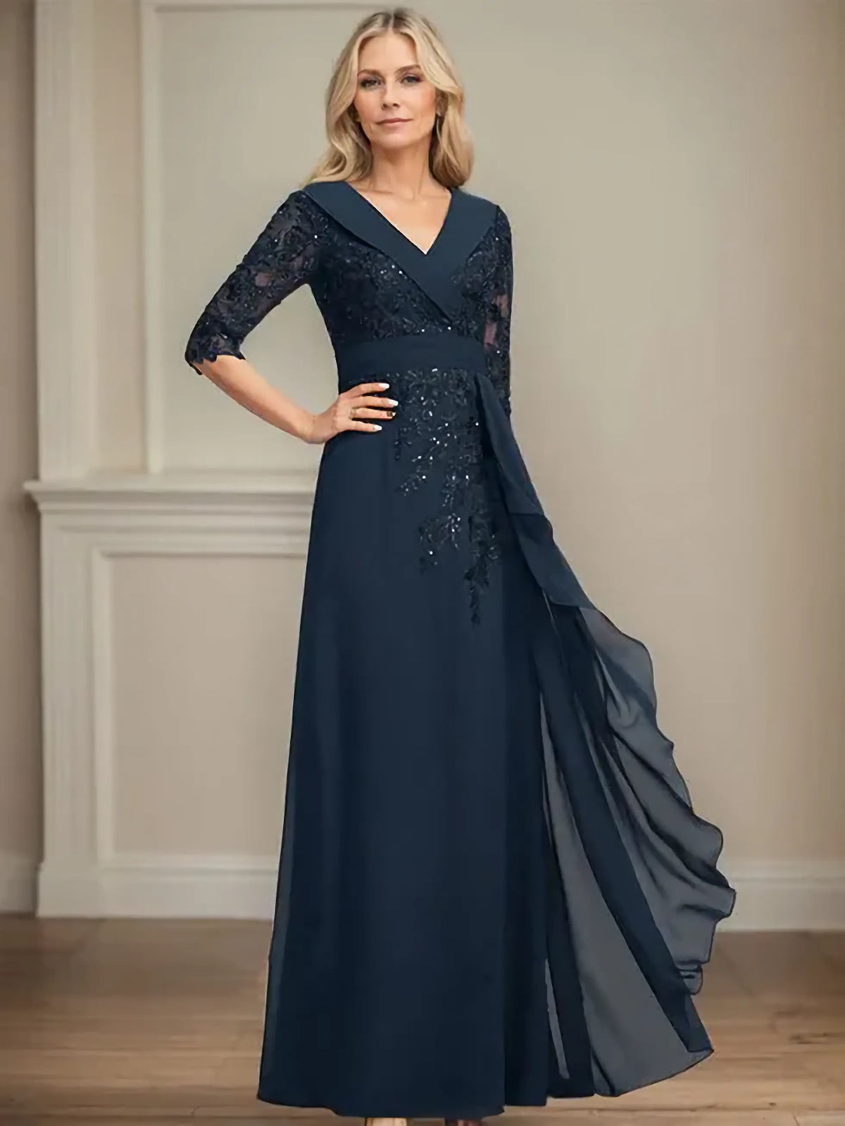 A-line Collared V-Neck Floor-Length Lace Chiffon Mother of the Bride Dress With Sequins Cascading Ruffles - View 2 | FashionDia