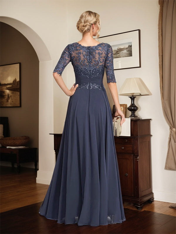 A-line Scoop Illusion Floor-Length Chiffon Lace Mother of the Bride Dress With Pleated Sequins