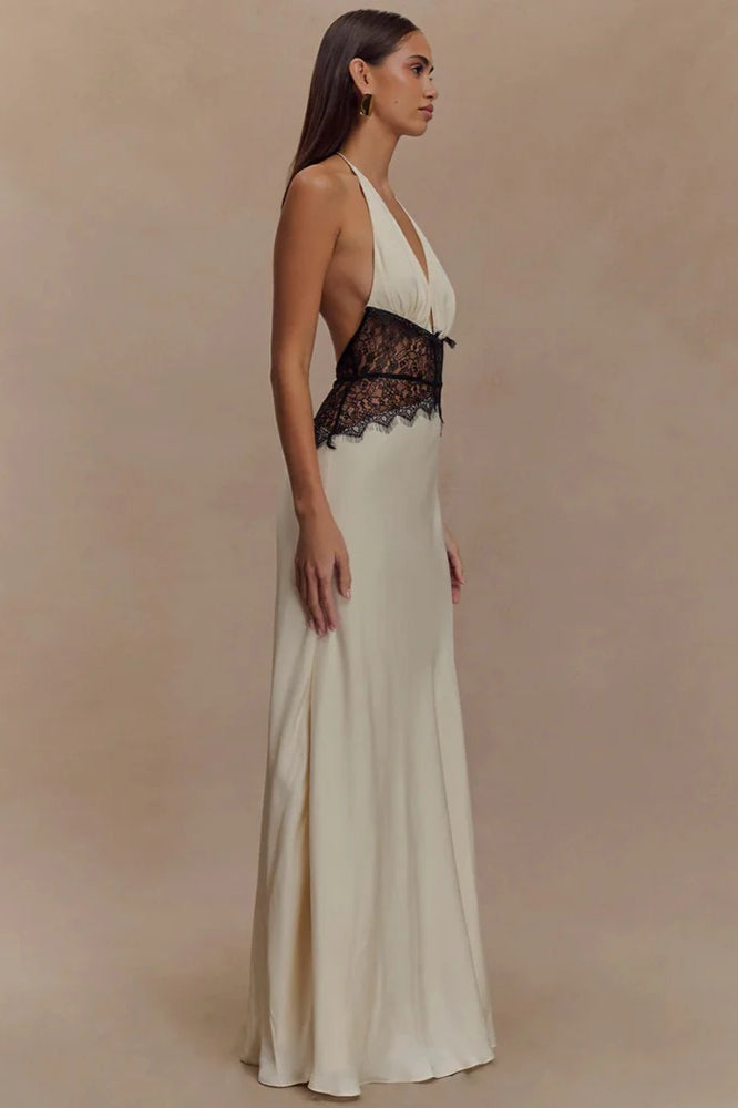 Lace Patchwork Backless Dress with Relaxed Fit and Streetwear Style