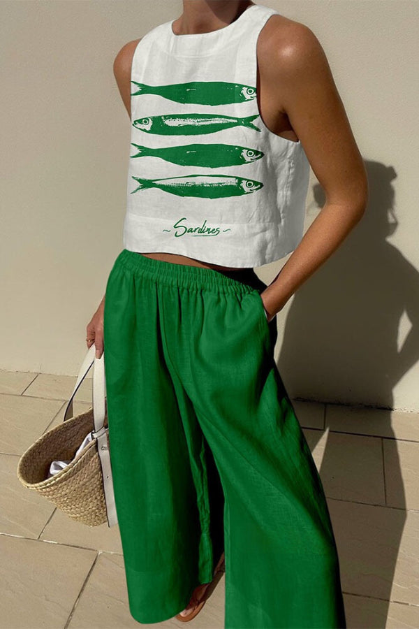 Green sardine print casual two-piece set