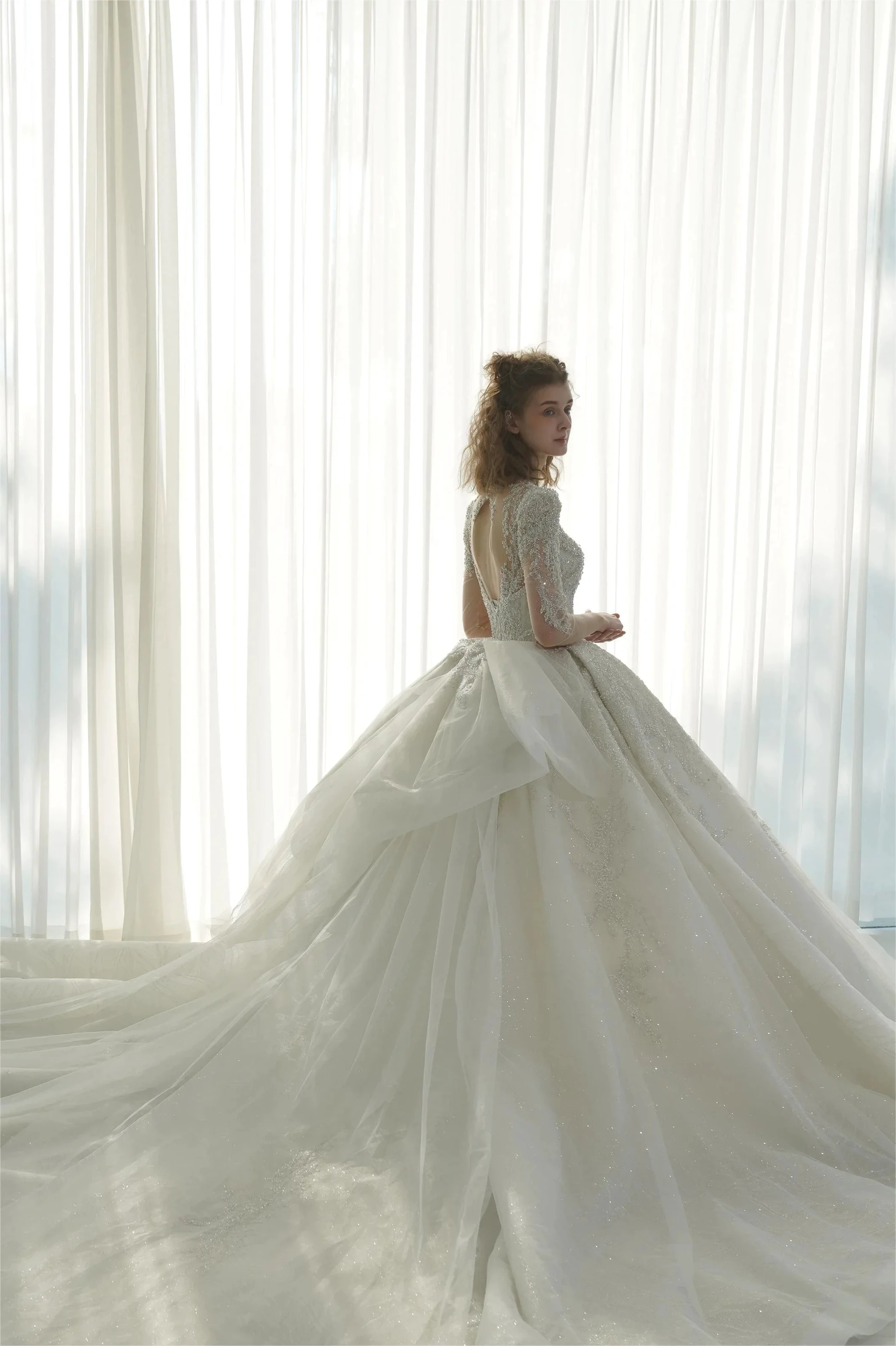Dazzling Ball Gown Deep V-Neck Tulle Wedding Dress with Beaded Embroidery & Illusion Cut-Out Back Q-6022 (ZD16918)
