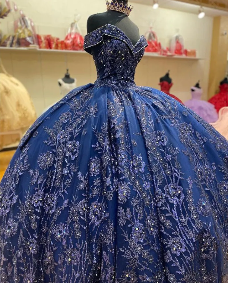 A-Line Navy Blue Off-the-Shoulder Quinceanera Dresses Sweet 16 Dress Ball Gown - View 4 | FashionDia