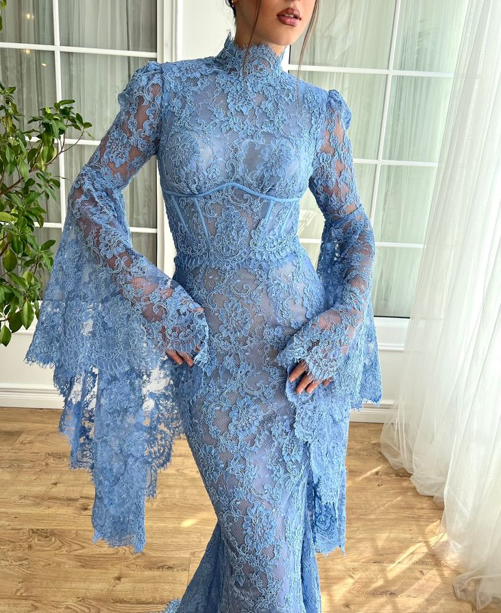 High Neck Mermaid Evening Dress for Women Flare Sleeves Blue Lace Long Prom Dresses - View 2 | VelvetHem