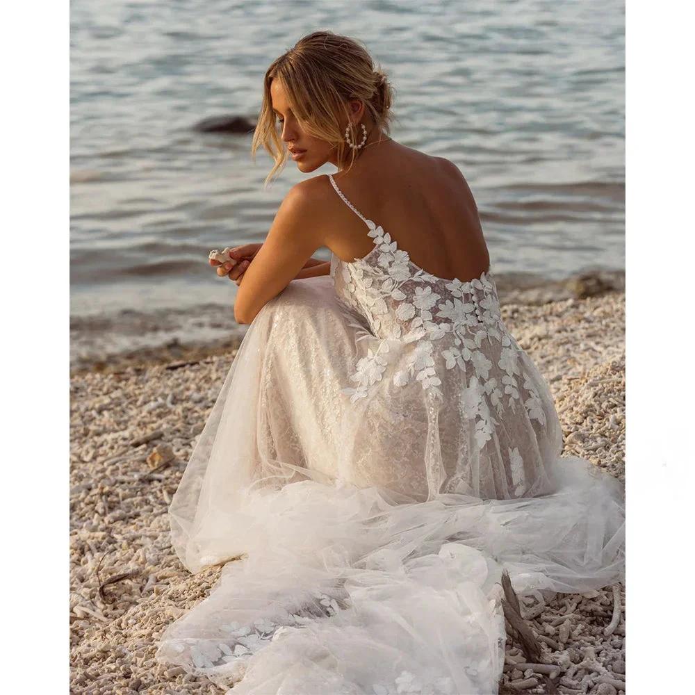Boho Lace Wedding Dress Spaghetti Straps Deep V-Neck A-Line Bridal Gown with 3D Floral Appliqu�s - View 4 | VelvetHem