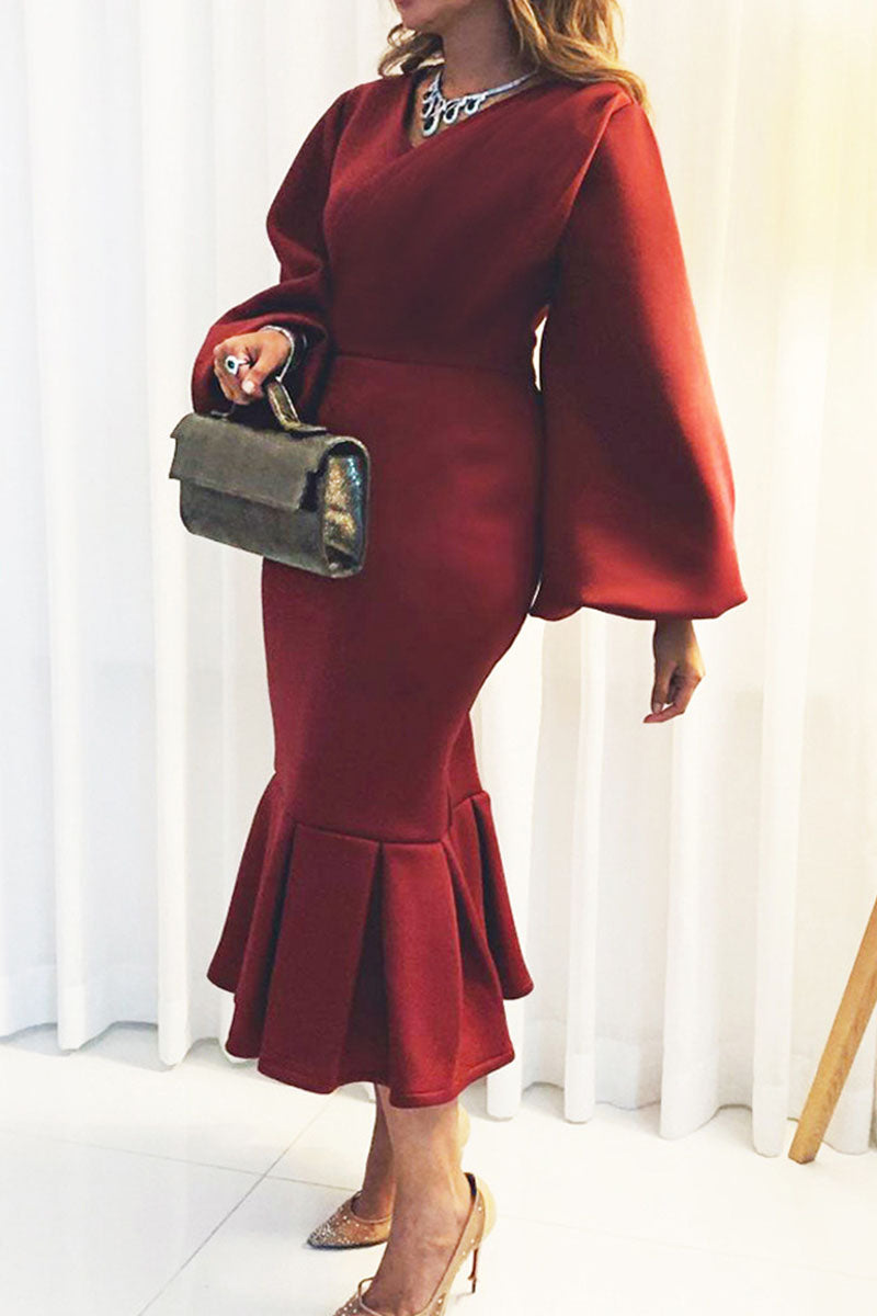 Elegant Solid Patchwork V Neck Evening Dress Dresses(4 Colors)) - VelvetHem