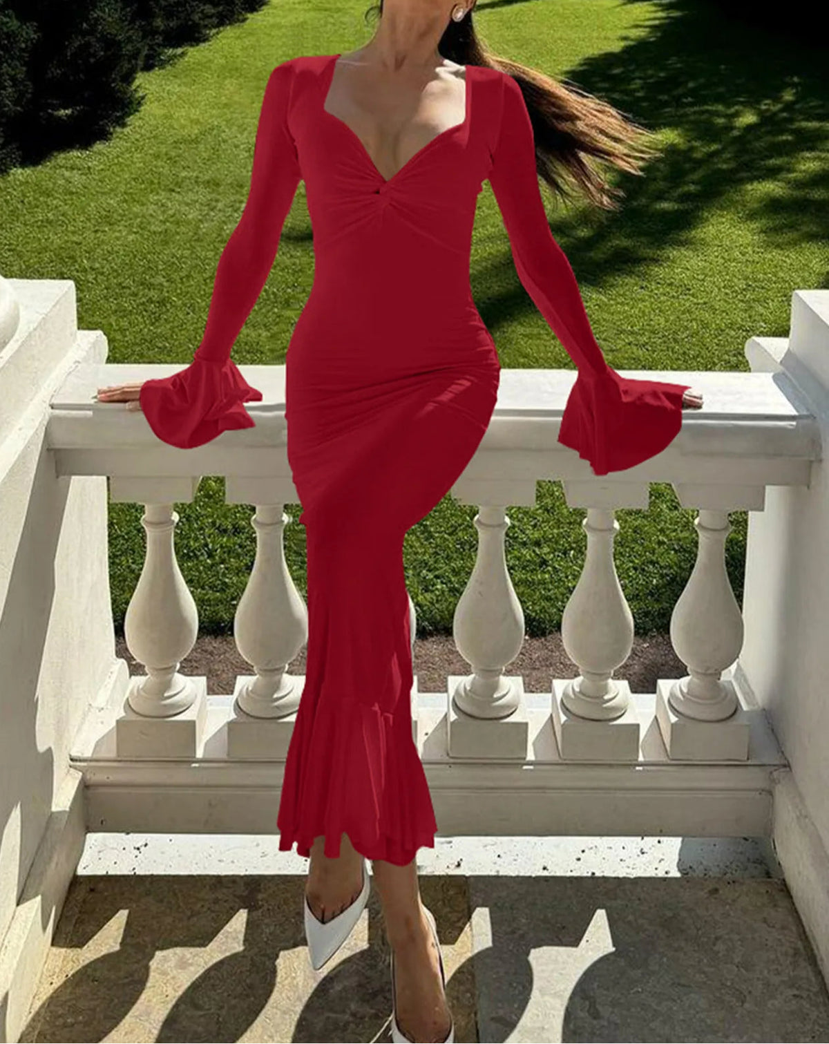 Flare Sleeve Ruched Ruffle Maxi Dress - View 2 | VelvetHem