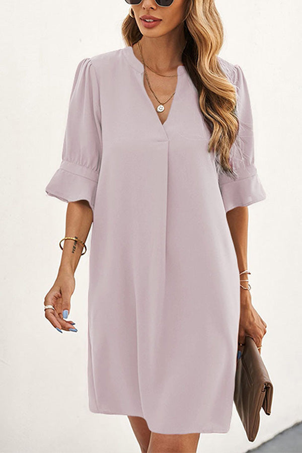 Solid Color Loose Casual V Neck Short Sleeve Knee Length Dress