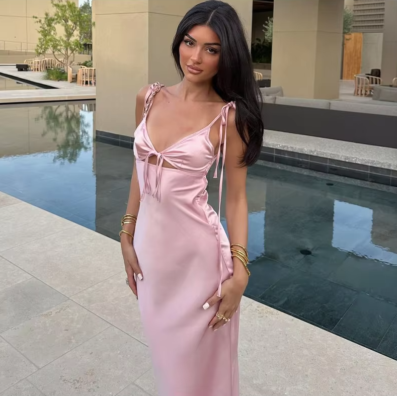 Elegant Satin Maxi Dress, Sexy Party Dress - View 2 | FashionDia