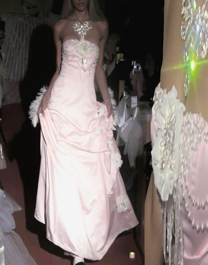 Pink Strapless Satin Long Prom & Evening Dress With Flowers - View 2 | FashionDia