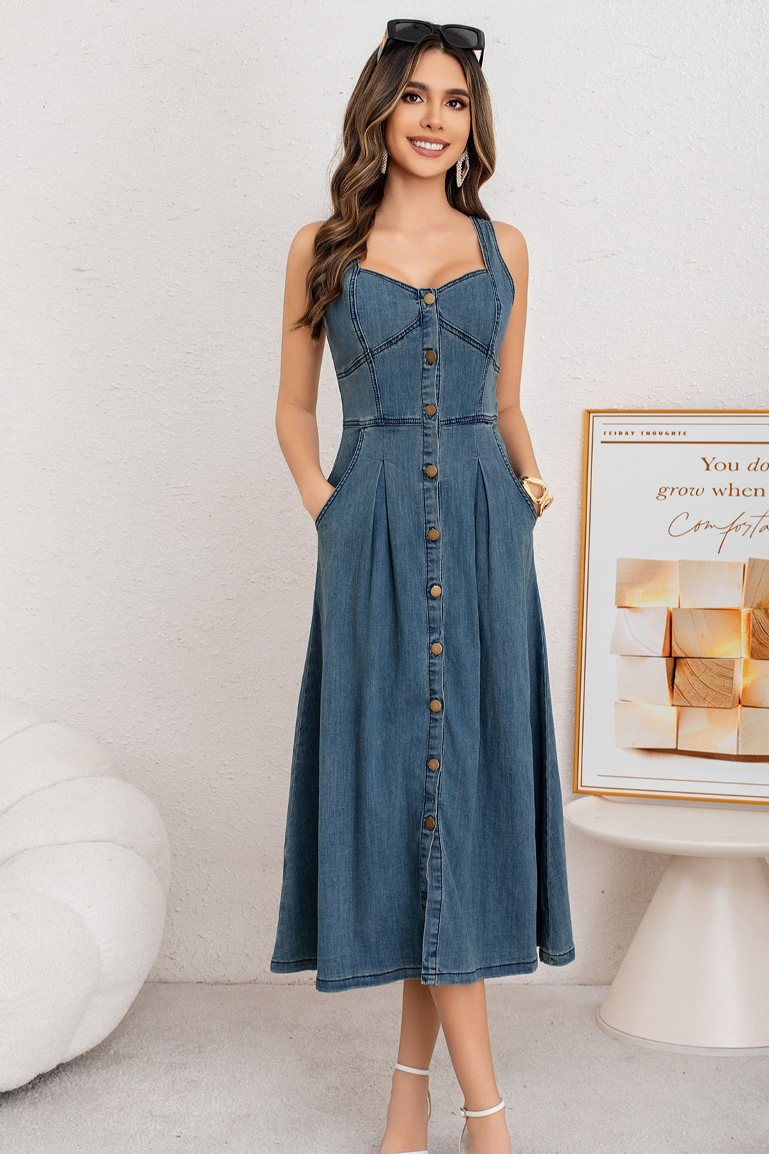 Washed Button Front Cami Denim Dress - View 12 | VelvetHem