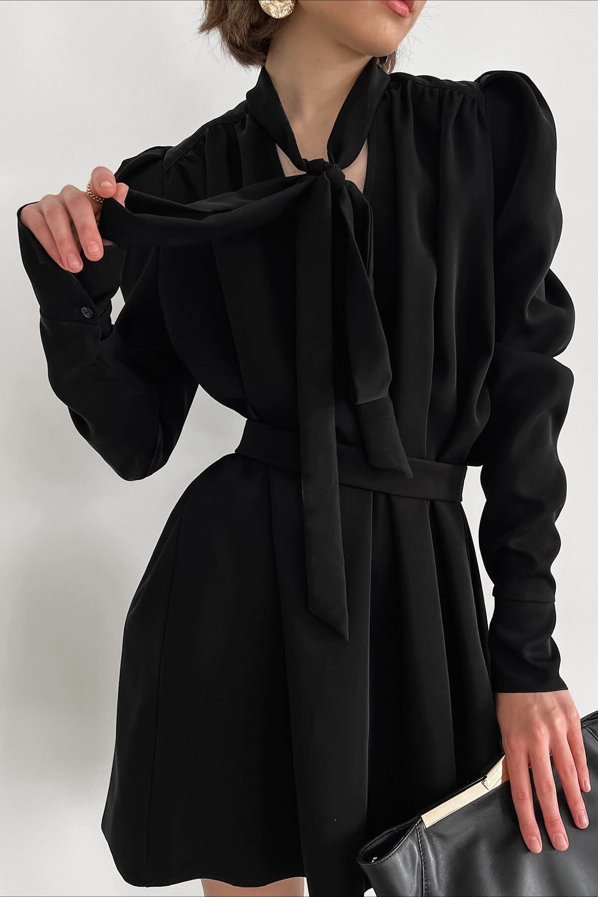 Black V Neck Puff Sleeve Mini Dress