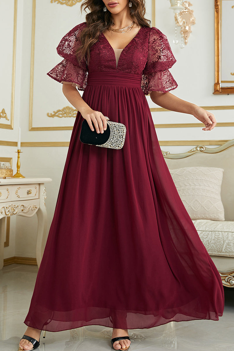 Celebrities Elegant Solid Lace V Neck Evening Dress Dresses - VelvetHem