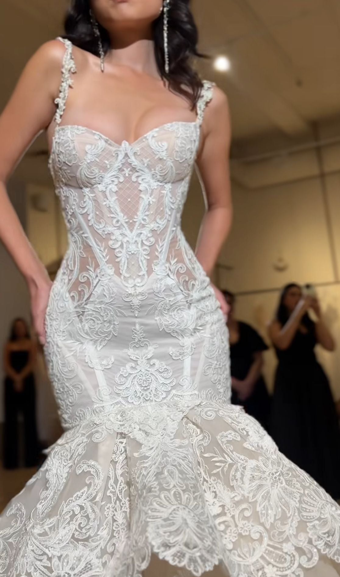 Gorgeous Ivory Lace Strapless Mermaid Wedding Dress with Layered Organza Train cc4704