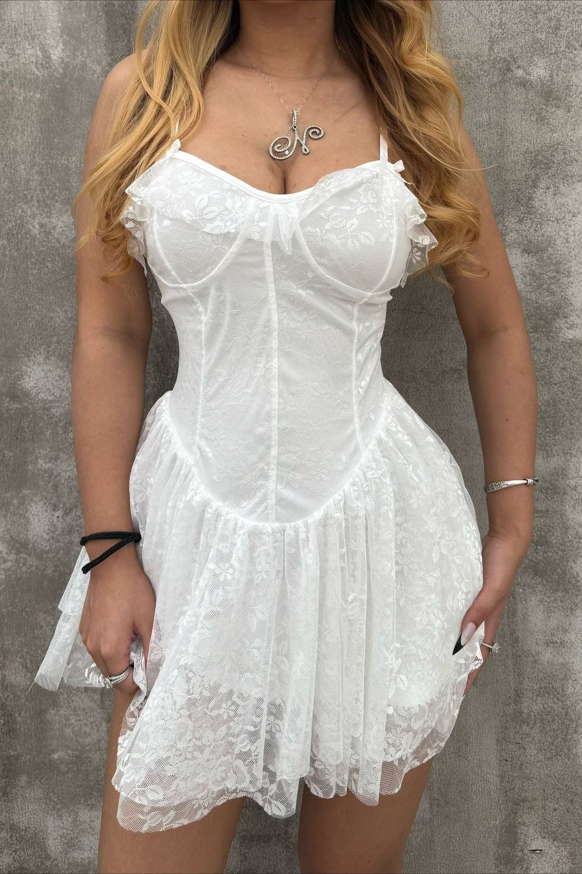 Solid V Neck Ruffled Lace Dress - View 2 | VelvetHem
