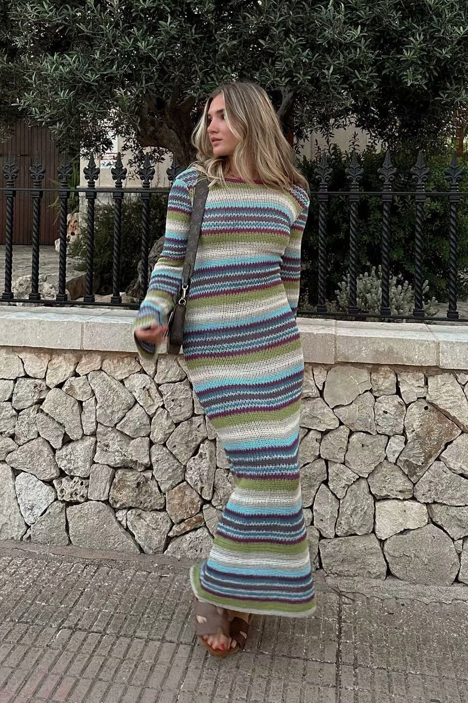 Slim Striped Long Sleeve Knit Fashionable Sweater Dress - View 2 | VelvetHem