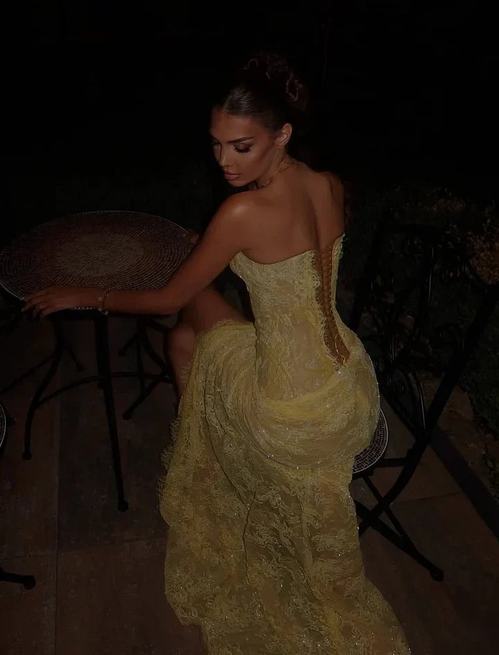 Elegant Pale Yellow Mermaid Strapless High-Slit Lace Long Prom Dress Evening Dress