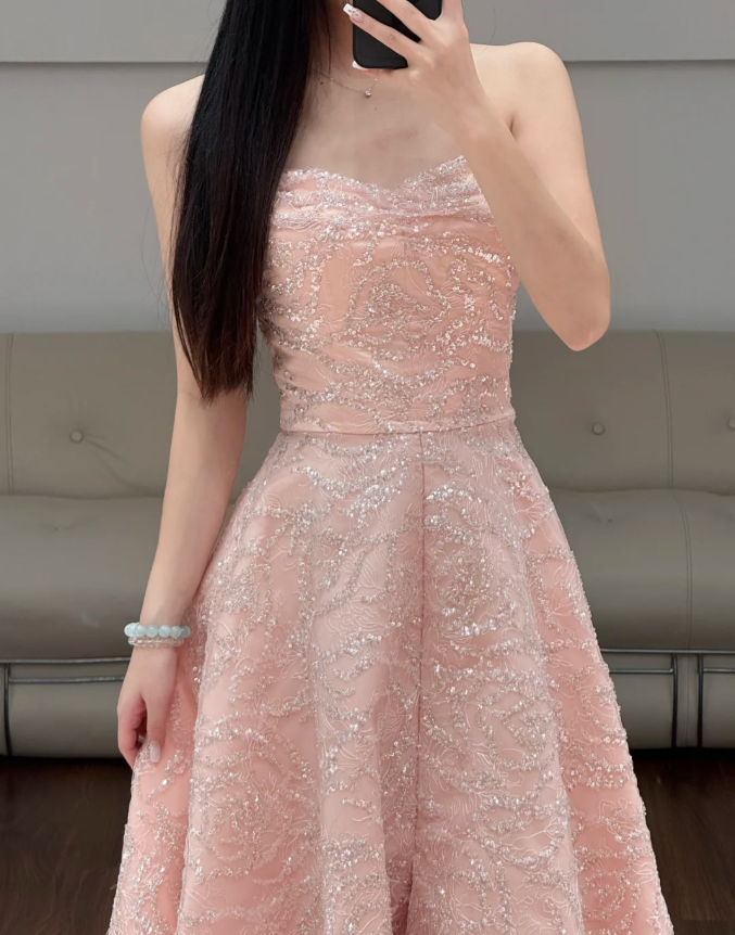 Sequin Lace Pink Prom Party Dress Evening Dress Birthday Dress - View 2 | VelvetHem