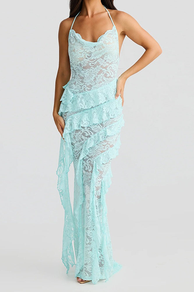 Backless Lace Halter Maxi Dress - VelvetHem