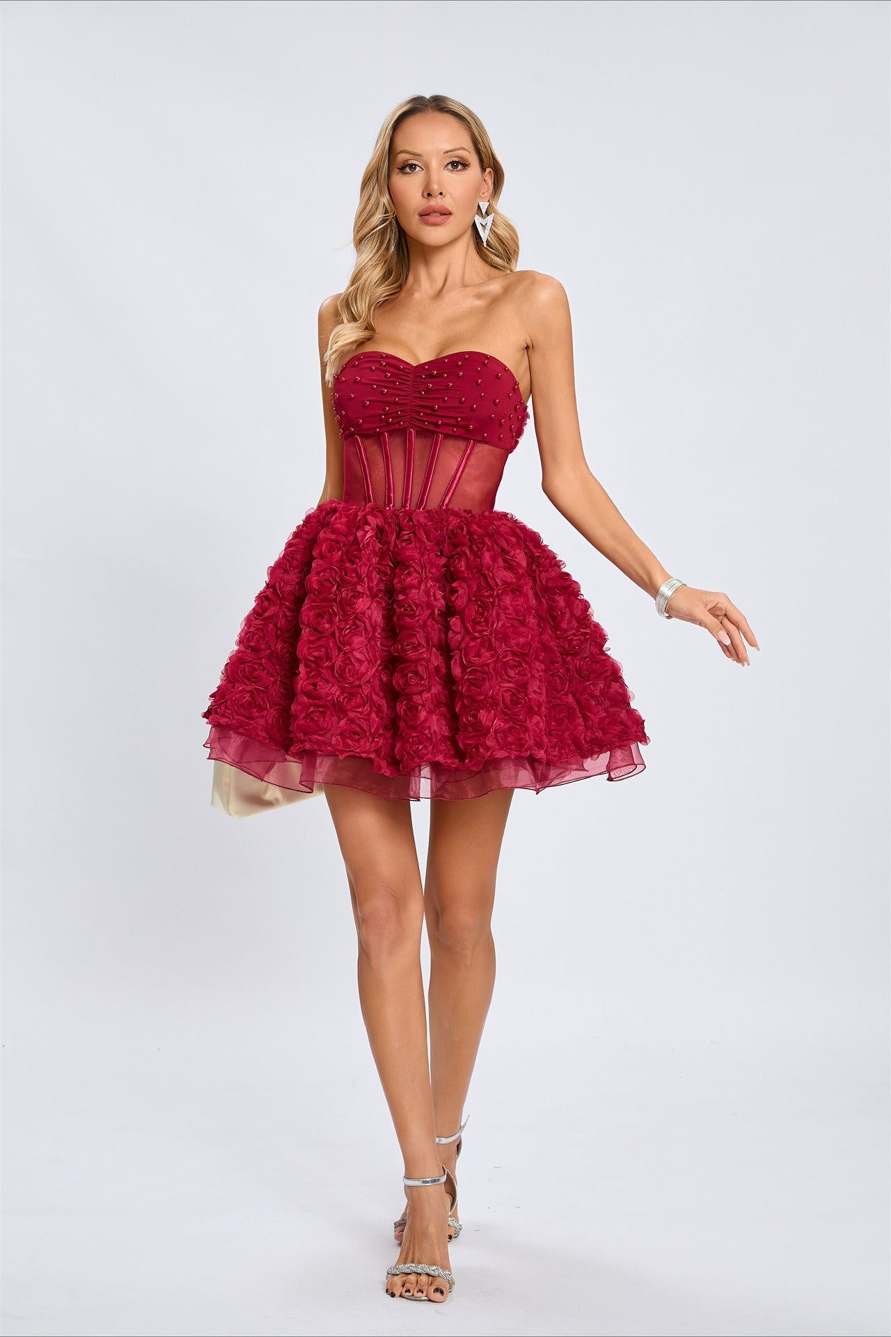 Beaded Strapless Puff Dress with Relaxed Fit and Seasonal Wardrobe Essential
