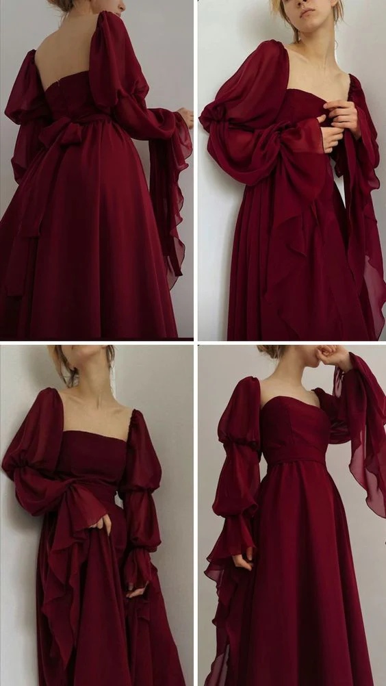 Vintage Burgundy Long A Line Prom Dress Romantic Evening Dress Party Gown