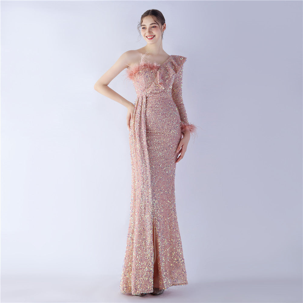 Craft Ostrich Feather Ruffled Side Slit High End Sequined Evening Dress - View 3 | VelvetHem