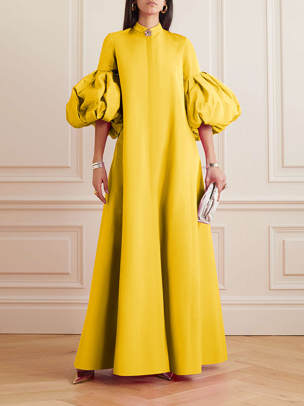 Loose Flower Shape Solid Color Stand Collar Lantern Sleeves Maxi Dresses - Omychic