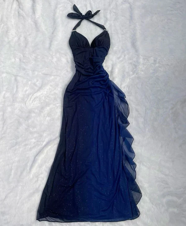 Beautiful Halter Ombre Navy Blue V Neck Chiffon Long Prom Dress Party Dress