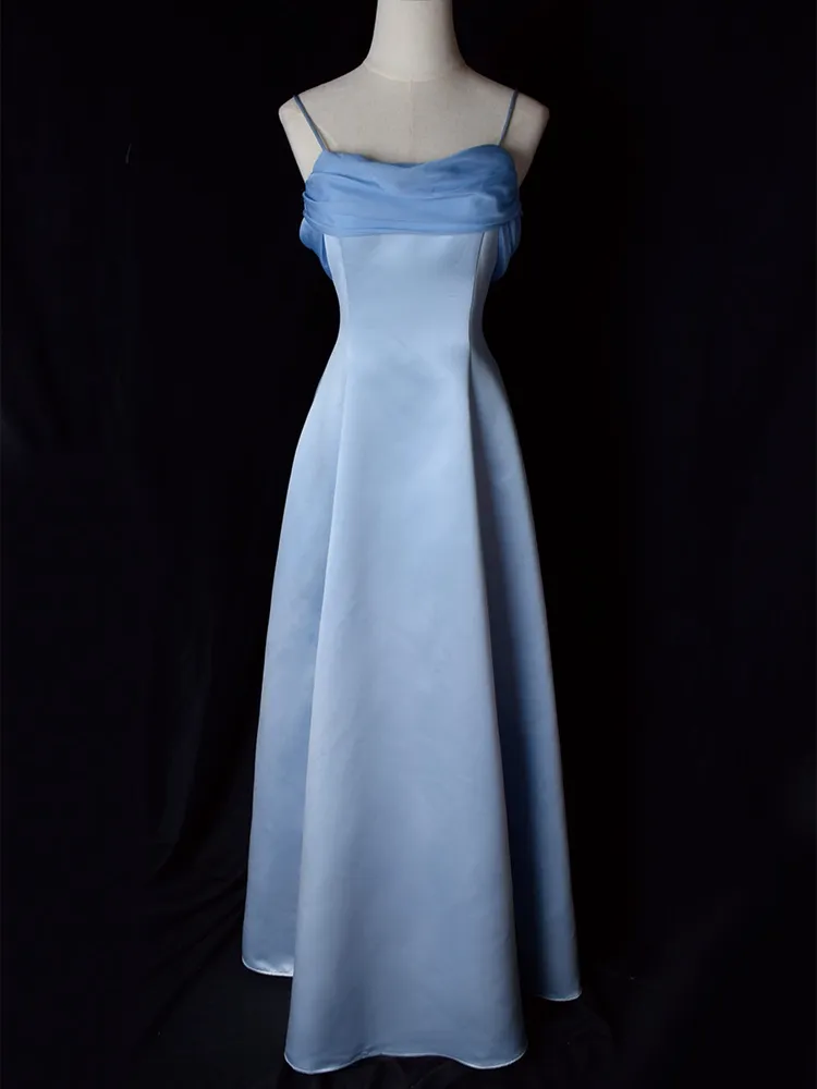 Elegant Blue Spaghetti Straps Long Party Dress A Line Prom Dress