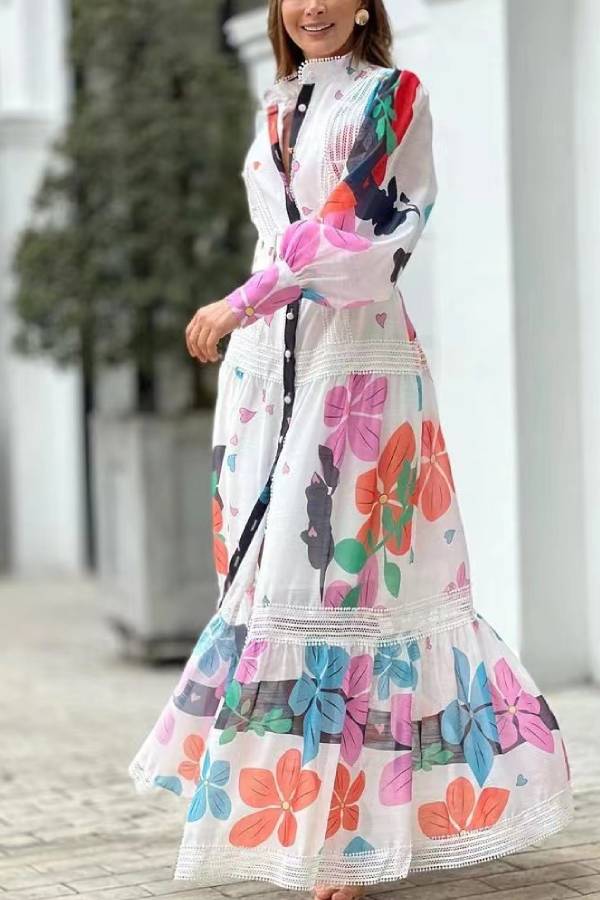 Madelyn Boutique Single Breasted, Long Sleeved Maxi Dress with Floral Print and Lace Inserts Chic Silhouette Collection