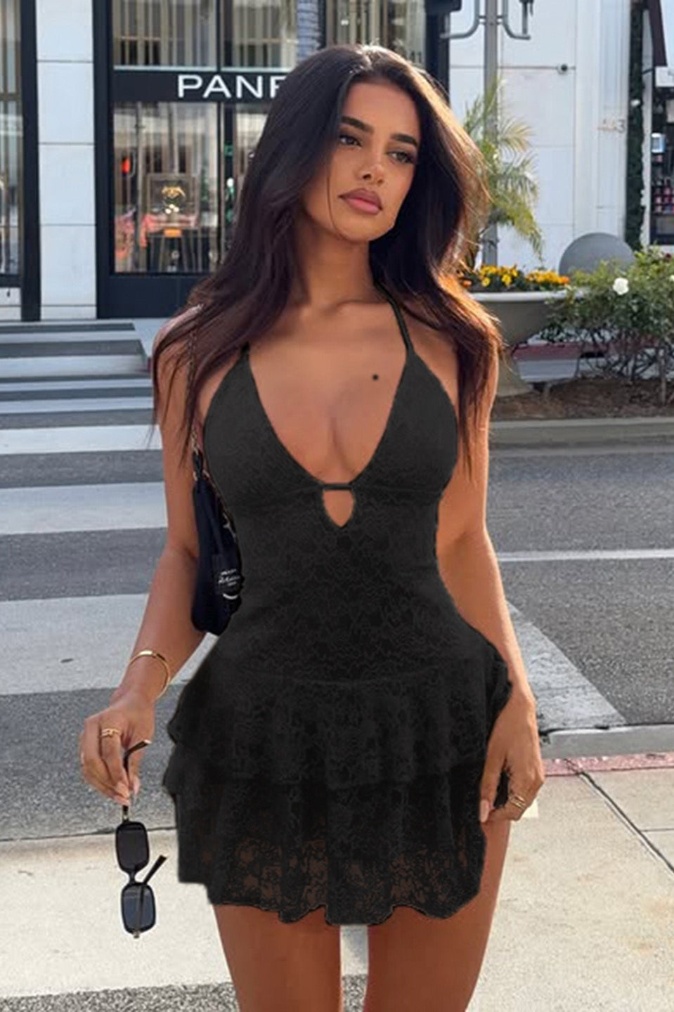 V Neck Halter Bodycon Mini Lace Dress - View 3 | VelvetHem