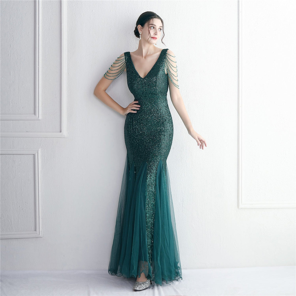Sequin Mesh Craft Beaded Party Dress: Elegant Long Cocktail Slim Fit Evening Dress - View 7 | VelvetHem