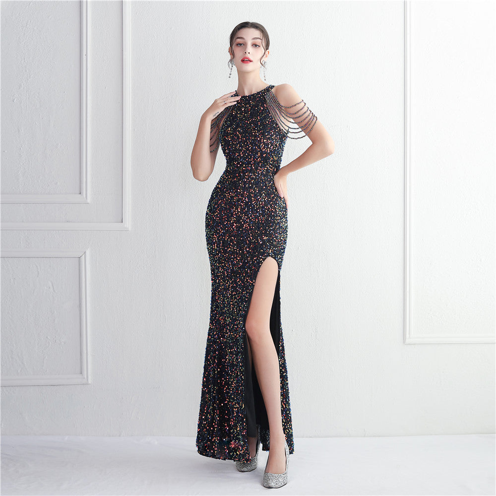 Heavy Industry Micro Glass Bead Craft Beaded Cocktail Evening Dress Elegant Long Halter Split Sequ - View 10 | VelvetHem
