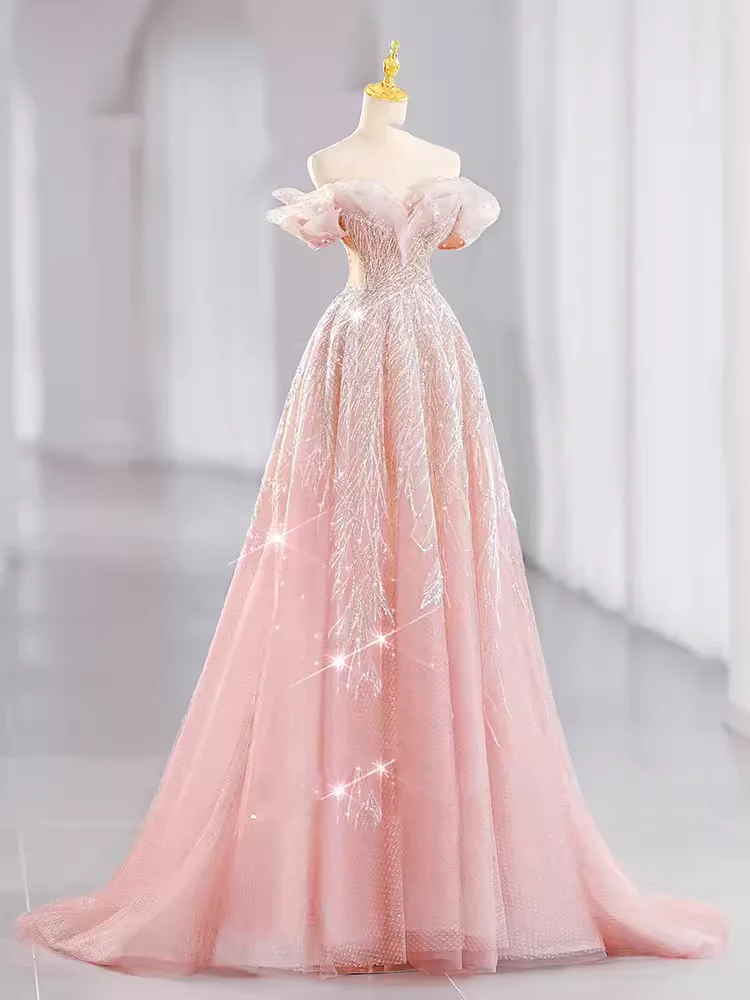 A line Off The Shoulder Pink Sequin Long Evening Dress Prom Dress