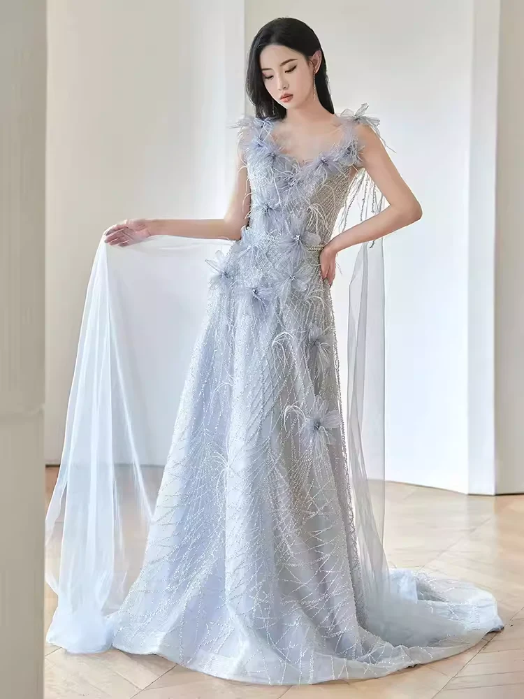 A line Straps Sequin Beads Long Evening Dress Prom Dresses With Flowers