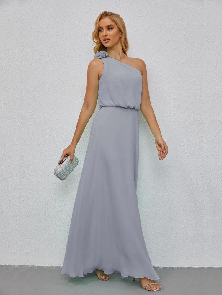 Ruffled One Shoulder Sleeveless Long Bridesmaid Dresses A-line Formal Evening Gown Side Split 28080 by numbersea
