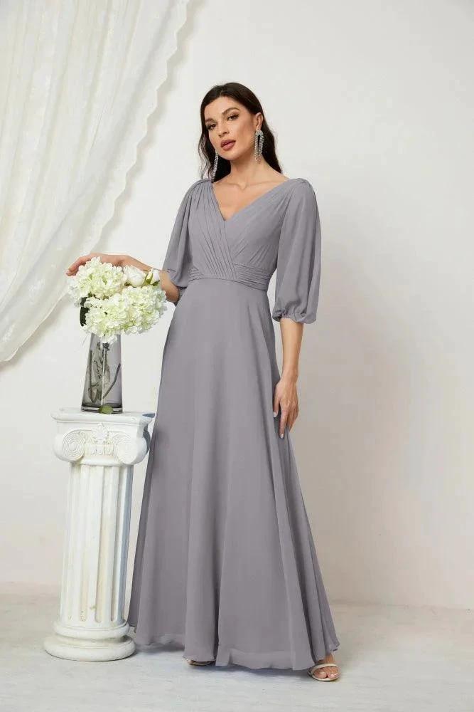 Numbersea Formal Prom Gown Women V-Neck Chiffon Bridesmaid Dresses Long Bishop Sleeve Party Dress 2807 by numbersea