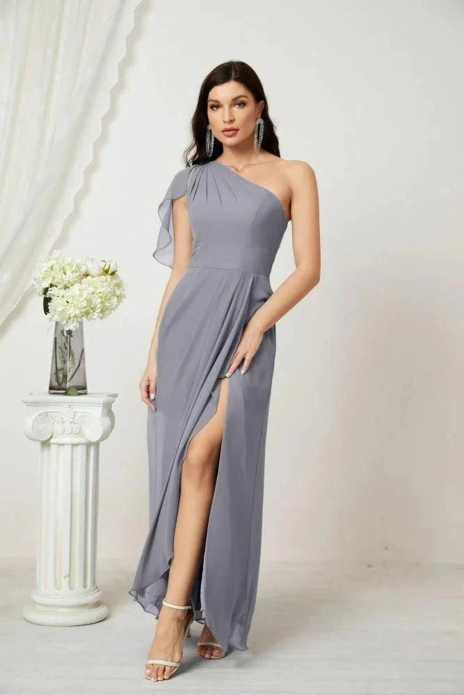 Numbersea Chiffon Ruffled One Shoulder Long Bridesmaid Dresses A-line Formal Evening Gown Side Split 2809 by numbersea