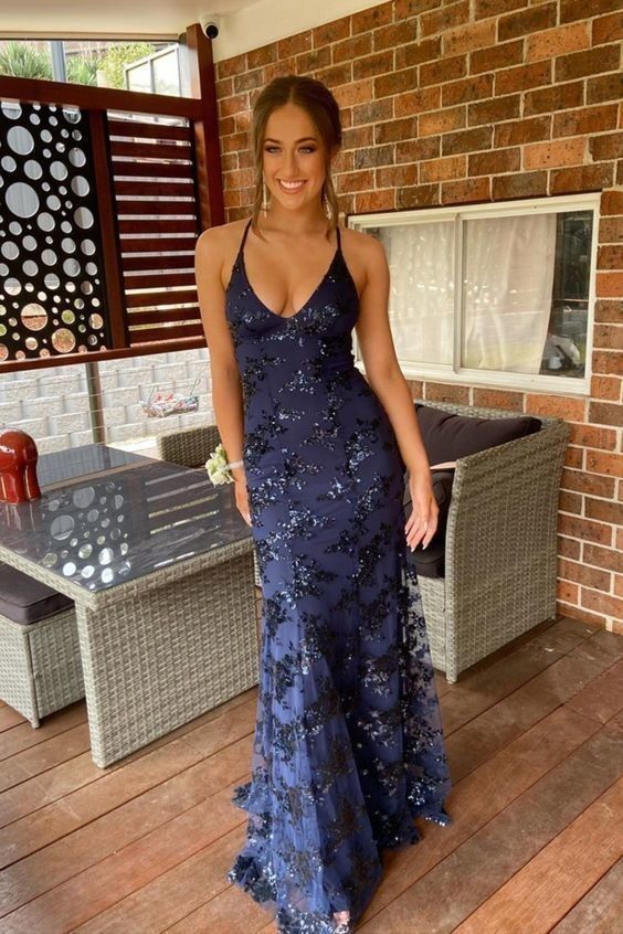 Sexy Navy Blue Mermaid Halter Collar Sequined Mesh Long Prom Dress Evening Dress