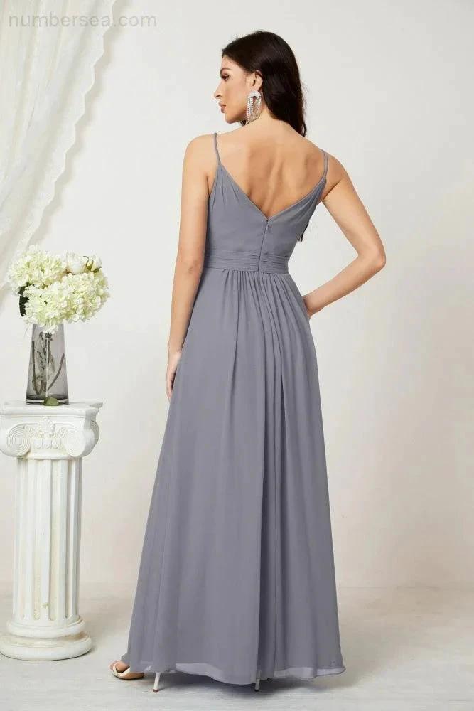 ZapDress Chiffon V-Neck Bridesmaid Dress Spaghetti Strap Long Formal Party Prom Gowns with Slit 28010 (ZD17028)