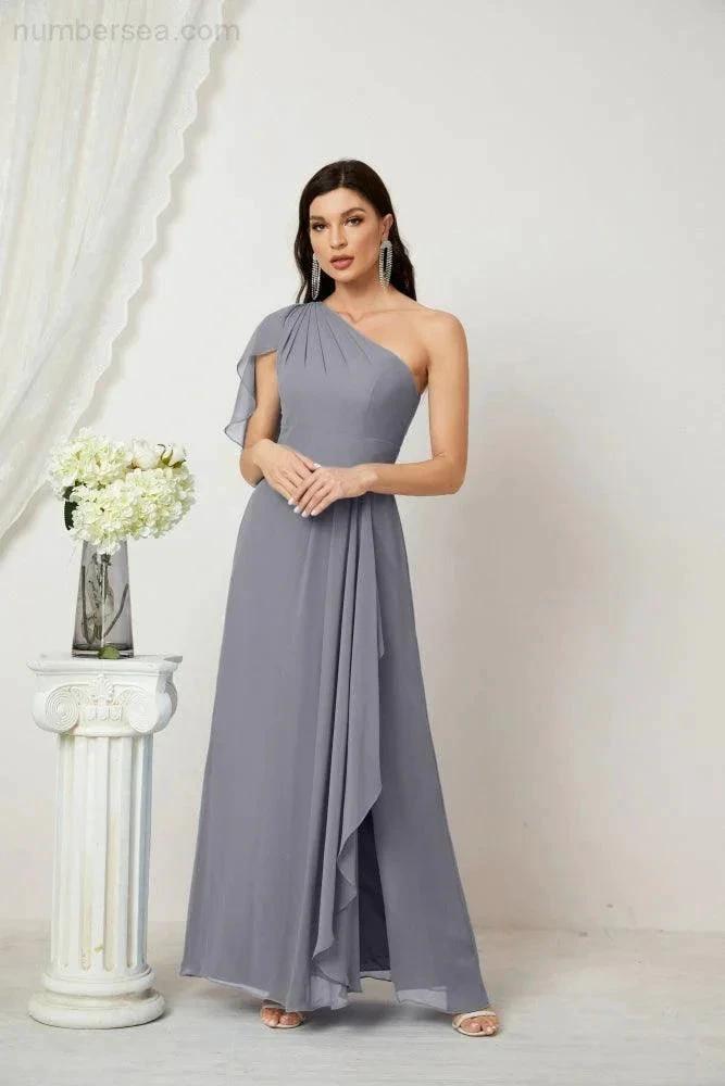 ZapDress  Chiffon Ruffled One Shoulder Long Bridesmaid Dresses A-line Formal Evening Gown Side Split 2809 (ZD17049)